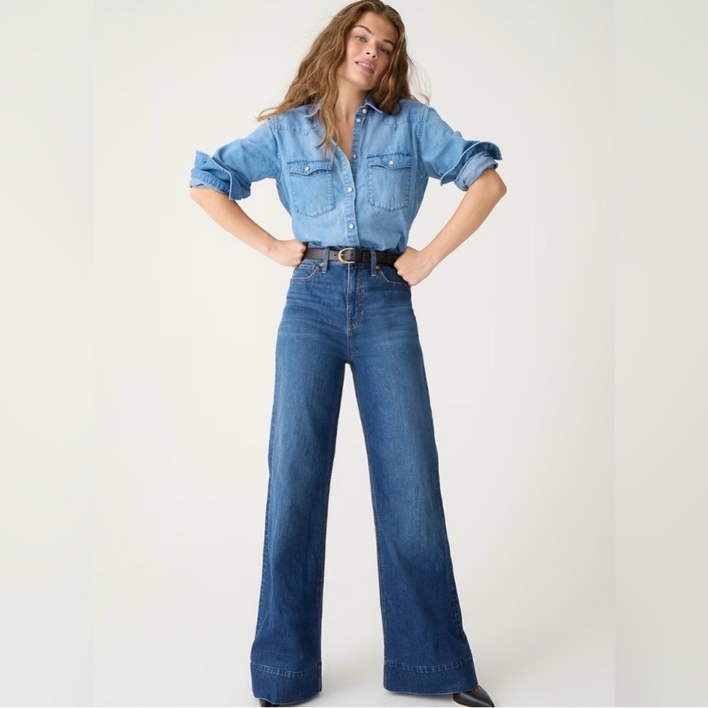 J. Crew Wide Leg Trouser Jeans High Rise Dark Wash Denim Chic 25